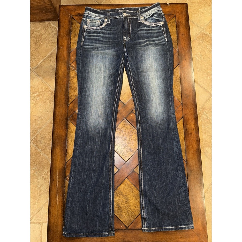 Miss Me Women's Curvy Bootcut Jeans Blue Embellished Stretch 5-Pocket Size 34x36